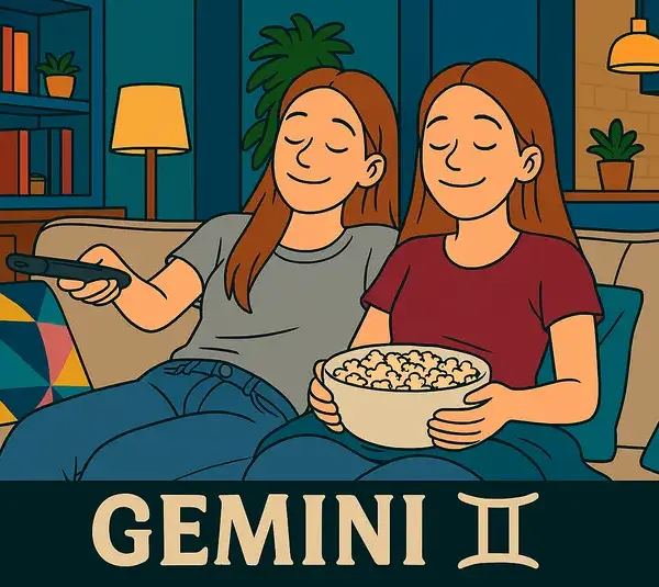 Image of zodiac sign Gemini relaxing on a couch while watching TV