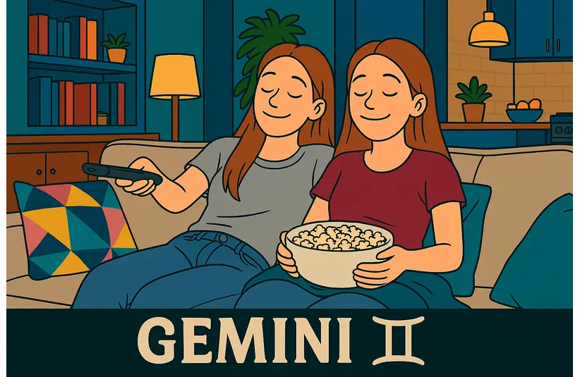 Image of zodiac sign Gemini relaxing on a couch while watching TV