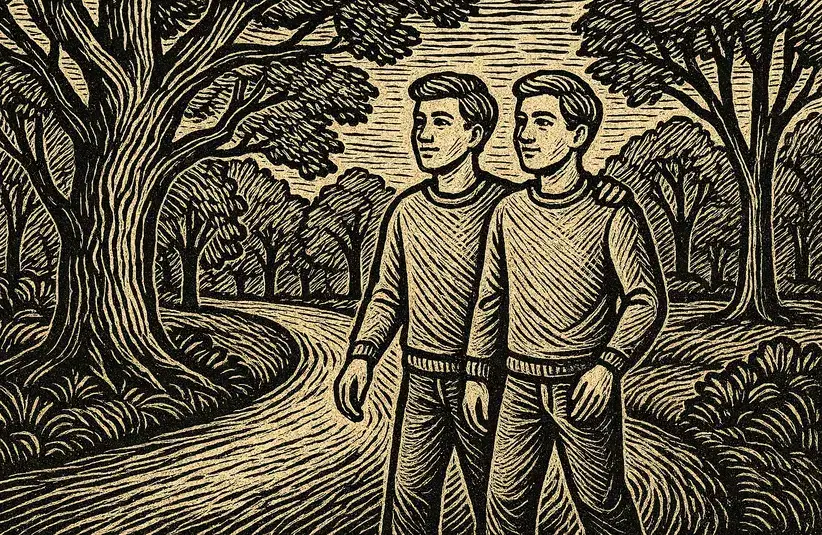 Gemini zodiac sign in a woodcut style, walking in the woods