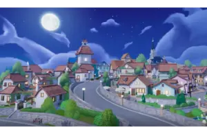 Charming village at night under a full moon and starry sky. Cozy houses with red roofs line winding roads, creating a serene and idyllic atmosphere. Heartopia. Furniture