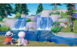 A vibrant, animated scene Heartopia with two children fishing by a pond, near a cascading waterfall and lush pine trees. Two other kids sit nearby, enjoying the serene landscape.