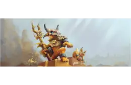 Fantasy scene of two armored, anthropomorphic creatures atop rocky terrain. One holds a trident, wearing a horned helmet, bathed in soft sunlight. Mystical ambiance. Hytale Fox Art, Courtesy of HYPIXEL STUDIOS CANADA INC.
