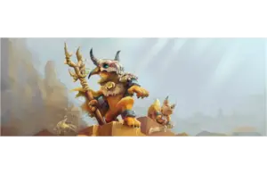 Fantasy scene of two armored, anthropomorphic creatures atop rocky terrain. One holds a trident, wearing a horned helmet, bathed in soft sunlight. Mystical ambiance. Hytale Fox Art, Courtesy of HYPIXEL STUDIOS CANADA INC.