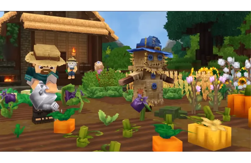 Hytale farming scene with a character watering plants beside pumpkins. A straw scarecrow stands nearby, and a cozy house is in the background.