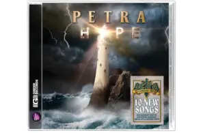 The image features an album cover titled "Petra Hope" with a lighthouse amidst stormy seas and lightning. A sticker notes "10 new songs." Tone is dramatic and hopeful.