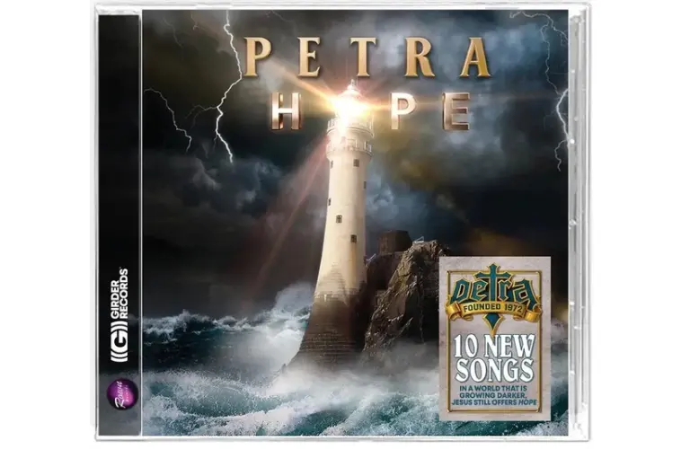 The image features an album cover titled "Petra Hope" with a lighthouse amidst stormy seas and lightning. A sticker notes "10 new songs." Tone is dramatic and hopeful.
