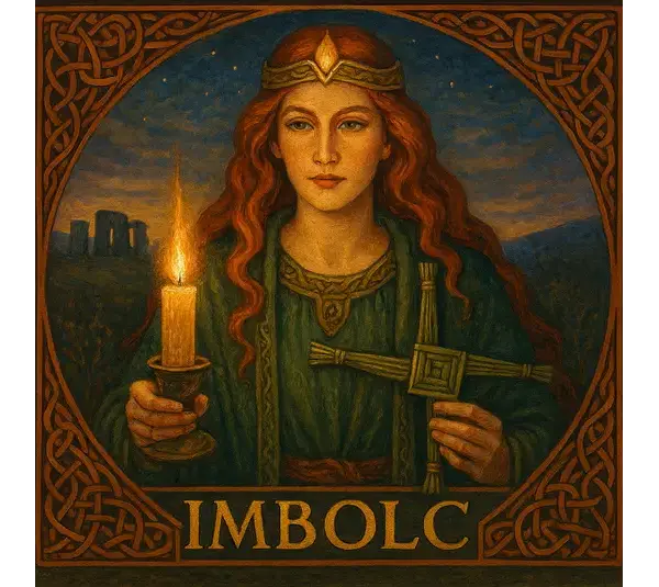 The Celtic goddess Brigid holding a candle and Brigid's cross for Imbolc