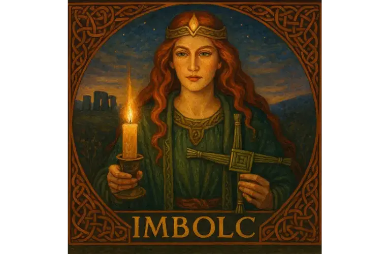 The Celtic goddess Brigid holding a candle and Brigid's cross for Imbolc