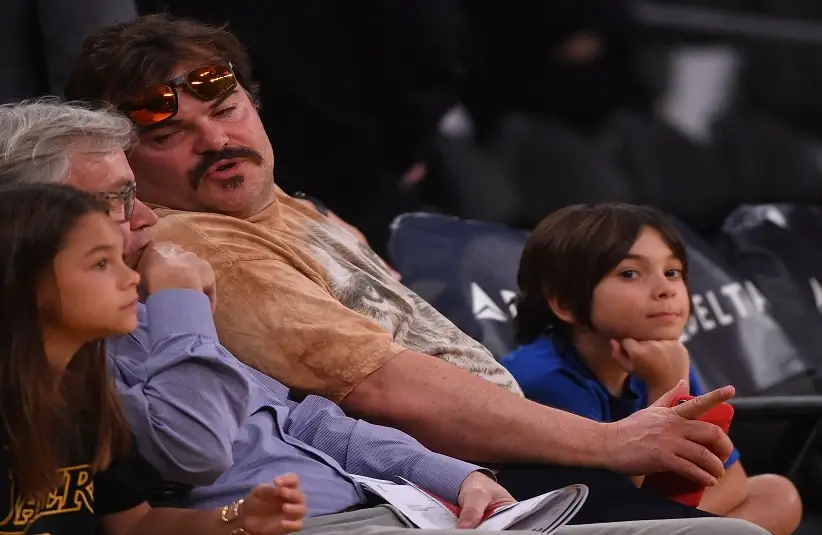 Actor Jack Black and his 9-year old son Tommy attend the game between the Los Angeles Lakers and the Atlanta Hawks at Staples Center.