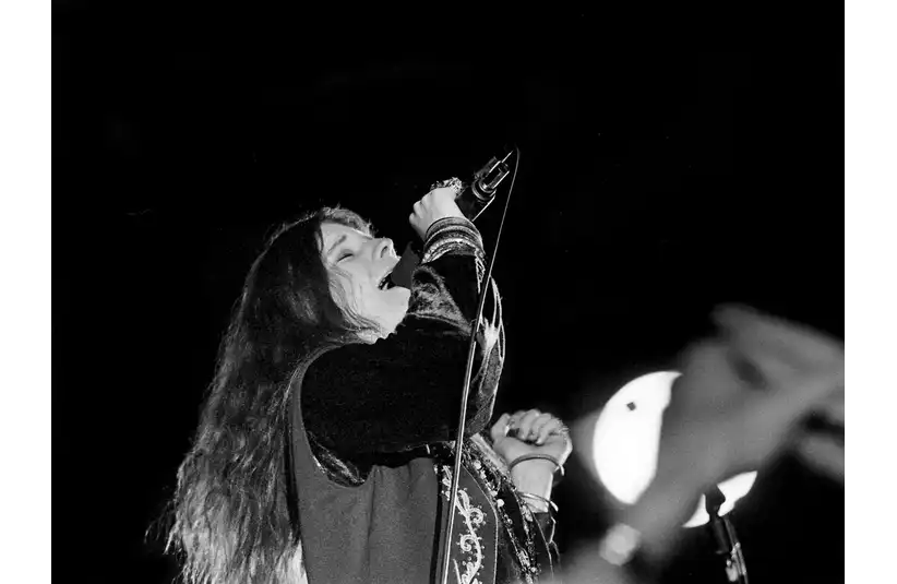 Blue singer Janis Joplin belts out one of her famous songs, including Nashville songwriter Kris Kristofferson's "Me And Bobby McGee," for 2,000 college and high school students at the Fairgrounds Coliseum Dec. 16, 1969.