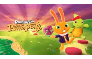 A cheerful orange rabbit and a turtle wearing a party hat are running on a grassy path. The sun sets in the sky, casting warm purple and pink hues. The text reads "Running Fable Petite Party."