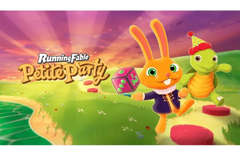 A cheerful orange rabbit and a turtle wearing a party hat are running on a grassy path. The sun sets in the sky, casting warm purple and pink hues. The text reads "Running Fable Petite Party."