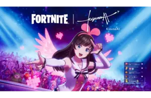 Anime girl with long hair and a pink bow poses energetically in front of a vibrant concert crowd. "Fortnite" and "Kizuna AI" logos are displayed above. Courtesy of Epic Games, Inc.