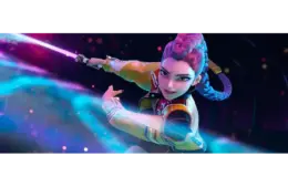 A dynamic animated character with purple hair in a braid, wielding a glowing sword. She wears a colorful jacket, exuding energy and confidence.
