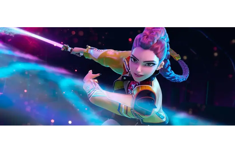 A dynamic animated character with purple hair in a braid, wielding a glowing sword. She wears a colorful jacket, exuding energy and confidence.