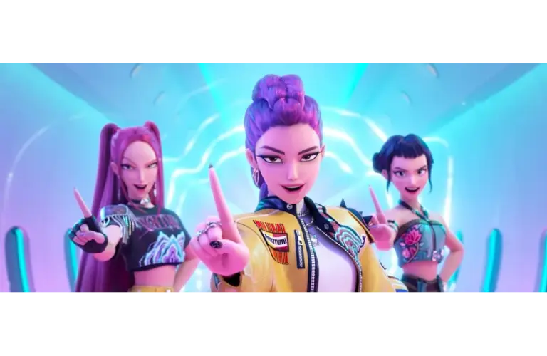 Three animated characters from "KPop Demon Hunters" pose confidently in a futuristic setting with vibrant lighting. They point forward, exuding energy and determination. KPop Demon Hunters is nominated for a Golden Globe