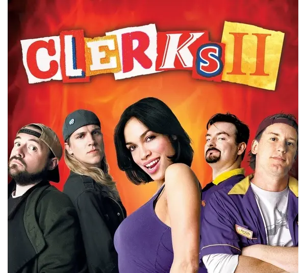 Five people stand against a fiery orange background beneath the title "Clerks II" in bold letters. The mood is playful and comedic.