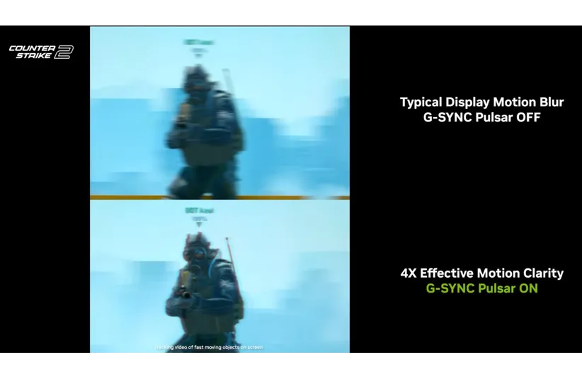Split image displaying a soldier character blurred on top with "G-SYNC Pulsar OFF," and clear on bottom with "G-SYNC Pulsar ON." Text emphasizes motion clarity.