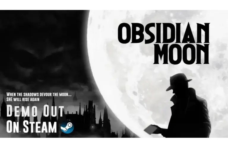 Silhouette of a person with a hat in front of a large moon. Gothic skyline, ominous clouds, and “Obsidian Moon” text convey mystery and intrigue. Demo available on Steam.