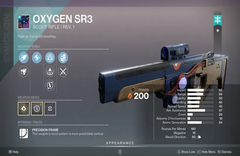 Oxygen SR3 weapon in Destiny 2