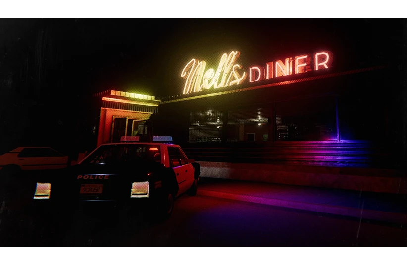 Police car outside Nell’s Diner at night, with glowing neon signs and vibrant lights creating a nostalgic and mysterious atmosphere. Courtesy of Kinetic Games Limited.