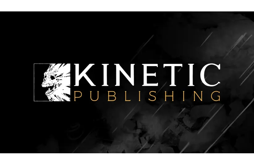 Logo of "Kinetic Publishing" on a dark, textured background. Features white text and an abstract, dynamic skull graphic on the left, conveying energy. Kinetic Publishing, courtesy of Kinetic Games Limited.