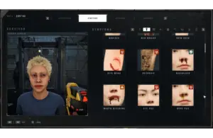 The image shows a video game interface in Quarantine Zone: The Last Check depicting a survivor's status. On the left is a character with short, curly hair, holding a device. On the right, a symptoms panel displays medical images labeled bite mark, necrosis, nosebleed, mouth bleeding, eye pus, and nose pus. The tone is clinical and serious.