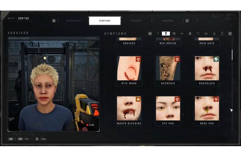 The image shows a video game interface in Quarantine Zone: The Last Check depicting a survivor's status. On the left is a character with short, curly hair, holding a device. On the right, a symptoms panel displays medical images labeled bite mark, necrosis, nosebleed, mouth bleeding, eye pus, and nose pus. The tone is clinical and serious.
