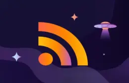 The orange-yellow-purple gradient RSS Readers logo on a purple, space-themed background, Courtesy of RSS America LLC.
