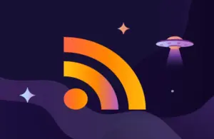 The orange-yellow-purple gradient RSS Readers logo on a purple, space-themed background, Courtesy of RSS America LLC.