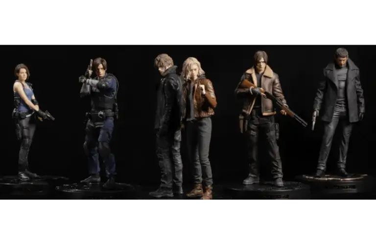 Six highly detailed action figures stand in a line against a black background. Each figure is a distinct character, equipped with weapons, exuding a tense, dramatic atmosphere. Resident Evil Requiem, Courtesy of Capcom Co., LTD.