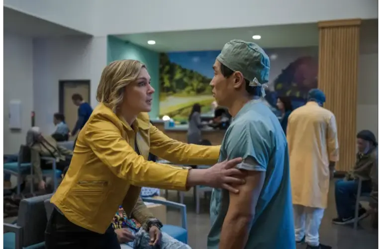 Actress Rhea Seehorn in the episode "We Is Us" of the Apple TV+ hit show "Pluribus." Seehorn won the Golden Globe award in 2026 for Best Actress in a Television Drama Series