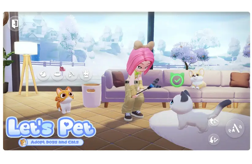 A cartoon character with pink hair and bear ears plays with a white and gray cat inside a cozy living room. Snowy scenery is visible through large windows. Text reads "Let's Pet: Adopt Dogs and Cats." The mood is playful and cheerful.