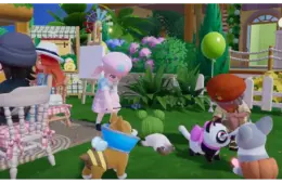 Cartoon characters with pets in a vibrant garden. People wearing hats engage in activities, surrounded by playful dogs and lush greenery. Cheerful atmosphere. Heartopia