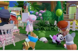 Cartoon characters with pets in a vibrant garden. People wearing hats engage in activities, surrounded by playful dogs and lush greenery. Cheerful atmosphere. Heartopia