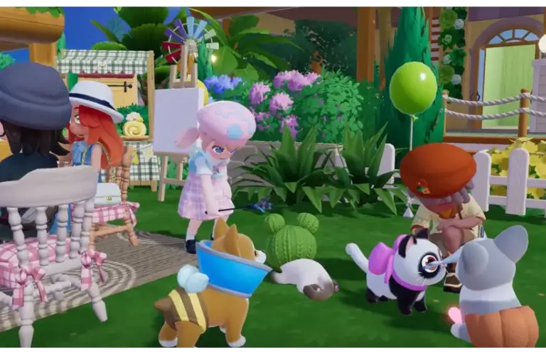 Cartoon characters with pets in a vibrant garden. People wearing hats engage in activities, surrounded by playful dogs and lush greenery. Cheerful atmosphere. Heartopia