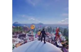 Two figures stand on a snowy hill, overlooking a vibrant amusement park with a Ferris wheel and cheerful hot air balloon under a clear blue sky. Fortnite The Office crossover