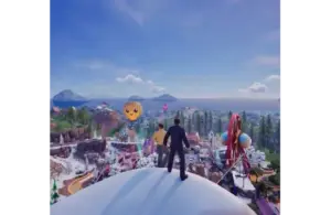 Two figures stand on a snowy hill, overlooking a vibrant amusement park with a Ferris wheel and cheerful hot air balloon under a clear blue sky. Fortnite The Office crossover