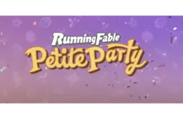 Title screen for "Running Fable Petite Party" with bold, playful yellow text on a purple gradient background decorated with abstract party icons.