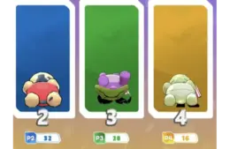 Running Fable Petite Party shows Three cartoon turtles in red, purple, and beige appear on blue, green, and orange backgrounds, with scores below: 32, 28, and 16. A playful competition scene after these players lost.