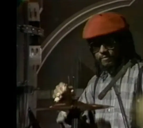 Sly Dunbar playing drums as part of the duo Sly and Robbie on the David Letterman Show in 1985.