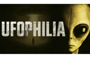 Alt text: "Dark image with the word 'UFOPHILIA' overlaid. Left side shows a silhouetted alien under a UFO. Right side features a large alien face with big eyes."