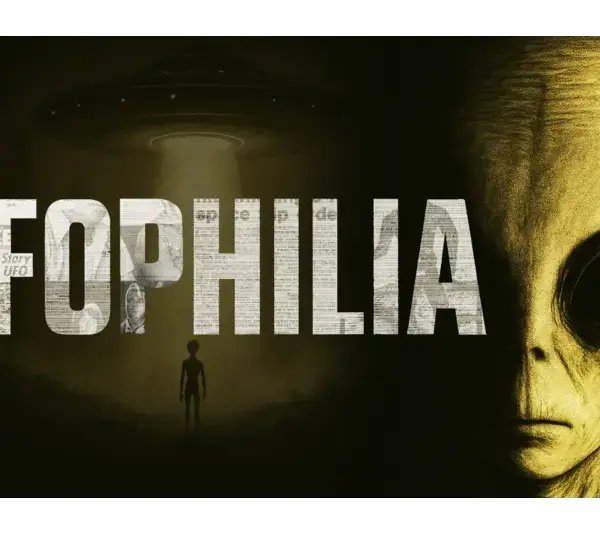 Alt text: "Dark image with the word 'UFOPHILIA' overlaid. Left side shows a silhouetted alien under a UFO. Right side features a large alien face with big eyes."
