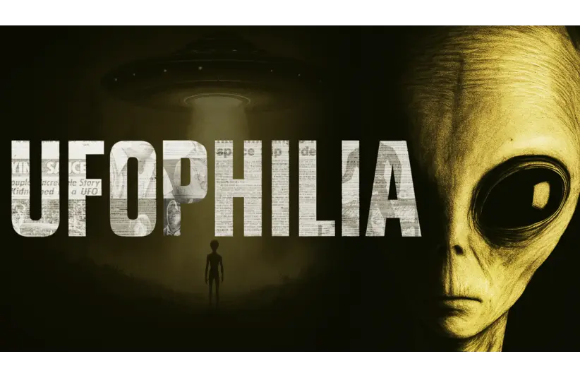 Alt text: "Dark image with the word 'UFOPHILIA' overlaid. Left side shows a silhouetted alien under a UFO. Right side features a large alien face with big eyes."