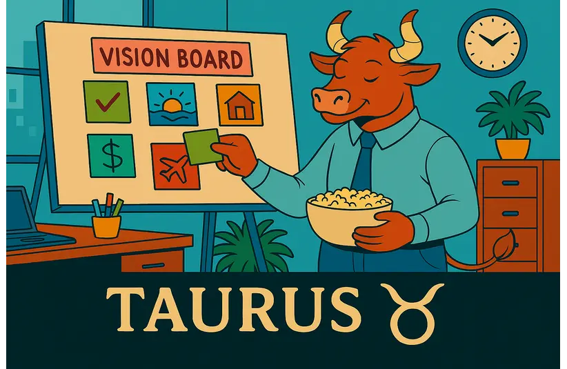 Anthropomorphic zodiac sign, Taurus, creating a vision board in an offic.