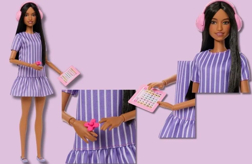 Autistic Barbie has a loose purple pin-striped dress, purple flats, a fidget spinner, tablet, and noise-canceling headphones.