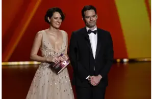 Sep 22, 2019; Los Angeles, CA, USA; Bill Hader and Phoebe Waller-Bridge present the award for supporting actor in a limited series or movie during the 71st Emmy Awards at the Microsoft Theater. Mandatory Credit: Robert Hanashiro-USA TODAY