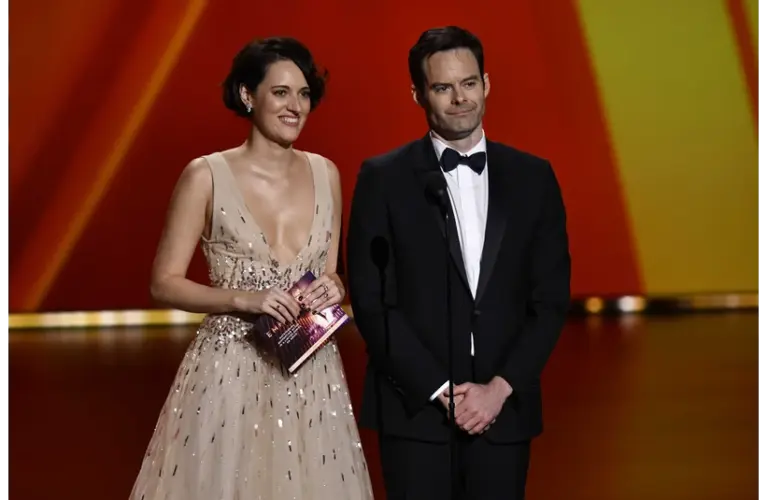Sep 22, 2019; Los Angeles, CA, USA; Bill Hader and Phoebe Waller-Bridge present the award for supporting actor in a limited series or movie during the 71st Emmy Awards at the Microsoft Theater. Mandatory Credit: Robert Hanashiro-USA TODAY