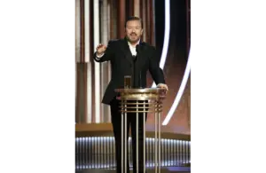 Jan 5, 2020; Beverly Hills, CA, USA; Ricky Gervais hosts the 77th Annual Golden Globe Awards at The Beverly Hilton Hotel. Mandatory Credit: Paul Drinkwater/NBC Handout Photo via USA TODAY NETWORK