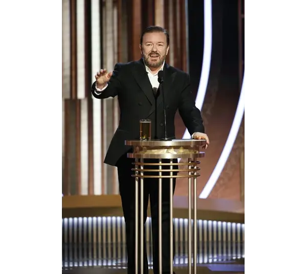 Jan 5, 2020; Beverly Hills, CA, USA; Ricky Gervais hosts the 77th Annual Golden Globe Awards at The Beverly Hilton Hotel. Mandatory Credit: Paul Drinkwater/NBC Handout Photo via USA TODAY NETWORK